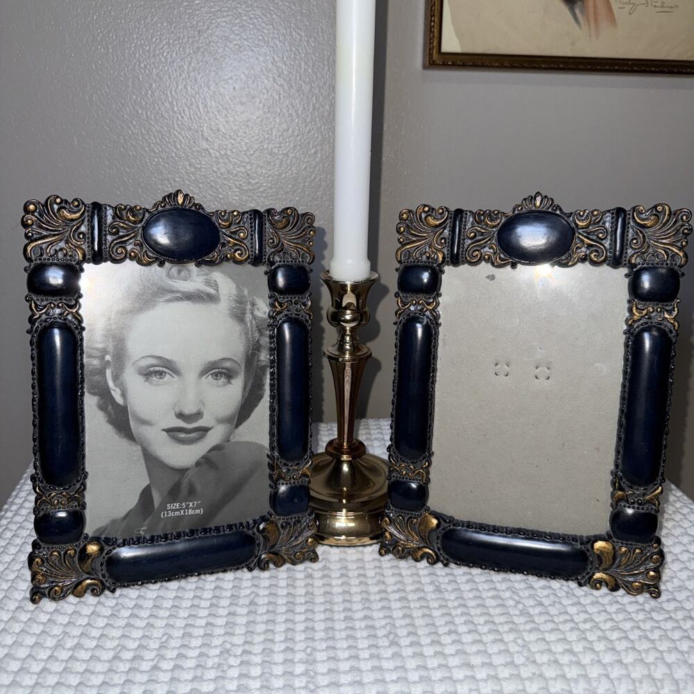 Vintage Hollywood Regency Navy Blue Gold 5x7 Picture Frames Set of 2 Ornate
